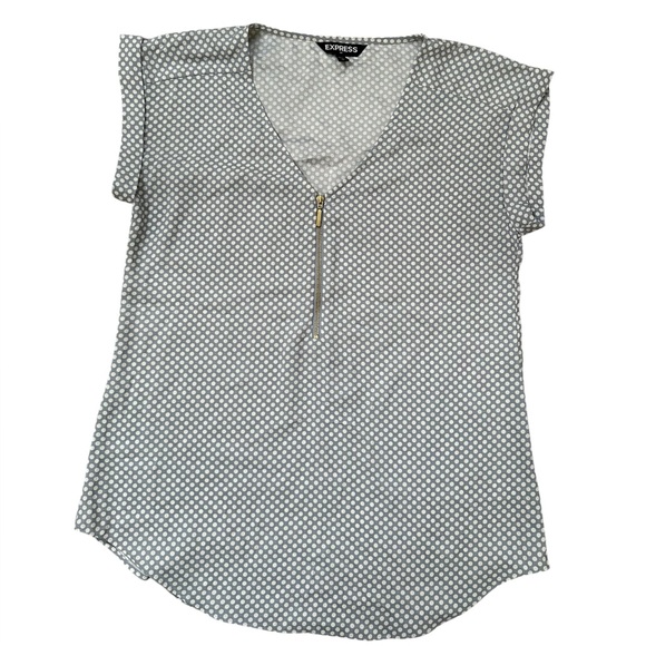 Express Gray Polka Dot Short Sleeve Blouse with Zipper. Size small. - Picture 1 of 7